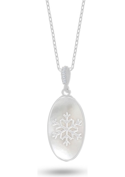 Doğal Taşlı Kar Tanesi Gümüş Oval Kolye Sedef Taşlı Gümüş Rengi fiyatları