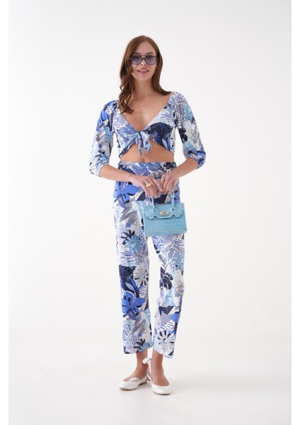 Çiçek Desenli Penye Bluz Pantalon Takım