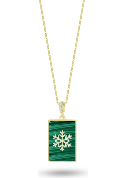 Doğal Taşlı Kar Tanesi Gümüş Kolye Malahit Taşlı Sarı Maden