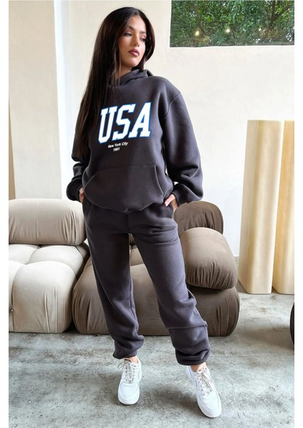Unisex Usa Baskı Oversize Alt Üst Eşofman Takımı