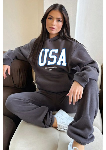 Unisex Usa Baskı Oversize Alt Üst Eşofman Takımı