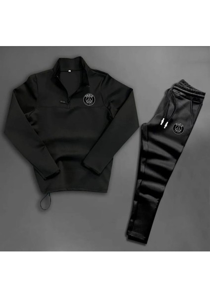 Unisex Paris Baskılı Yarım Fermuarlı Siyah Scuba Takım