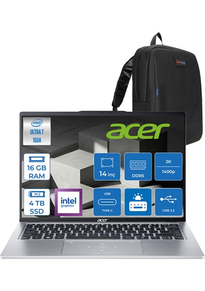 Swift Go 14 Ultra I7 155U 16GB LPDDR5X 4tb SSD Intel Graphics WIN11PRO 14" 2.2k (2240X1400) IPS SRGB:%100 60hz Mat Yapay Zeka Destekli Taşınabilir Bilgisayar SFG147375DTP04 + Zettaçanta