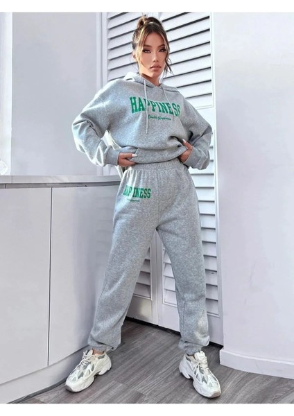 Unisex Happiness Baskı Oversize Alt Üst Eşofman Takımı