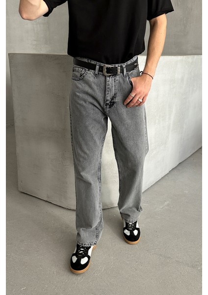 Erkek Baggy Jean Pantolon Yüksek Bel Gri Denim Bol Kesim Günlük Kullanım İçin