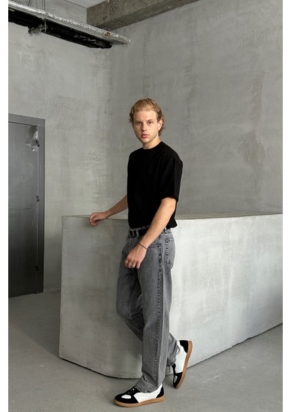 Erkek Baggy Jean Pantolon Yüksek Bel Gri Denim Bol Kesim Günlük Kullanım İçin fırsatları