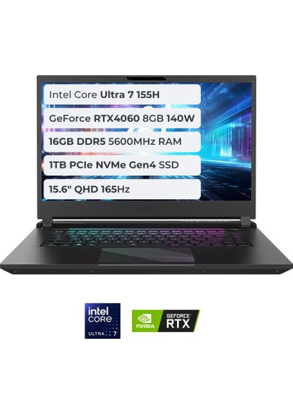 Aorus 15 BKG-13TR754SH Ultra 7 155H 16GB 1tb SSD 8gb RTX4060 140W 15.6 Qhd 165Hz Windows 11