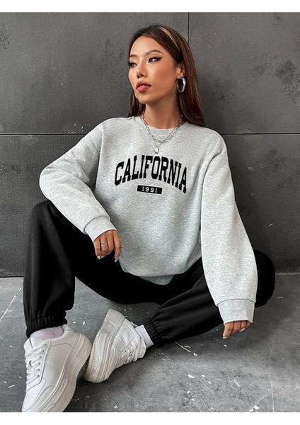 Unisex Siyah Gri Califronia Baskı Oversize Alt Üst Eşofman Takımı
