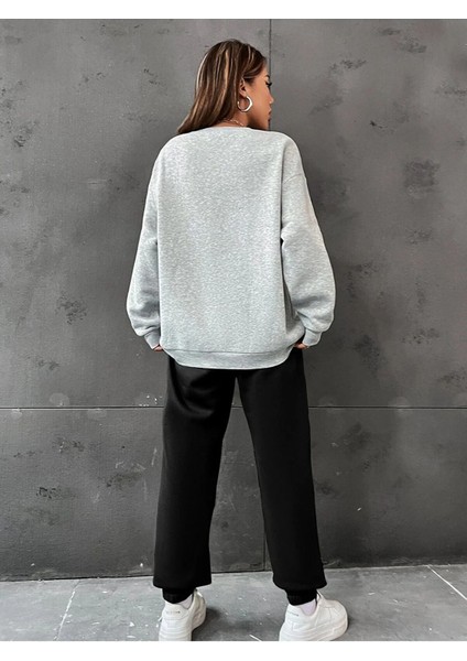 Unisex Siyah Gri Califronia Baskı Oversize Alt Üst Eşofman Takımı