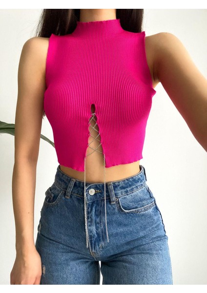 Zincir Detaylı Esnek Kumaş Crop/bluz