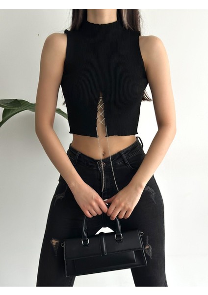 Zincir Detaylı Esnek Kumaş Crop/bluz