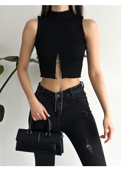 Zincir Detaylı Esnek Kumaş Crop/bluz fiyatları