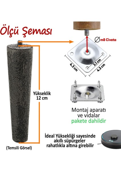 8 Adet Ahşap Ayak 12 cm Açık Meşe M8 Civatalı Bağlantı Aparatlı Dolap Mobilya Koltuk Kanepe Destek Ayağı Ayakları