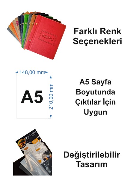 A5 - 5 Yapraklı Deri Menü Kabı - 23X15 cm (Siyah)