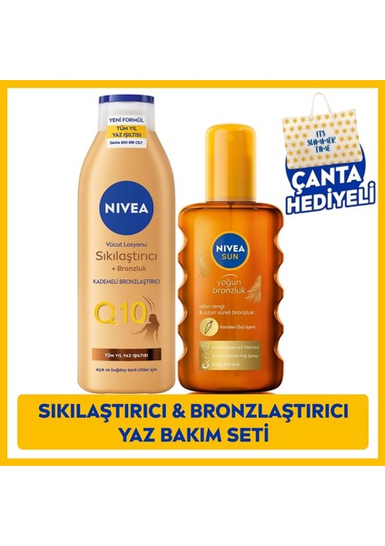 SUN Karoten Bronzlaştırıcı Vücut Güneş Spreyi 200ml ve Q10 Bronzluk Vücut Bakım Losyon 200ml, Plaj Çantası Hediye, Nemlendirici, Uzun Süreli Bronzluk, Güneş Bakım