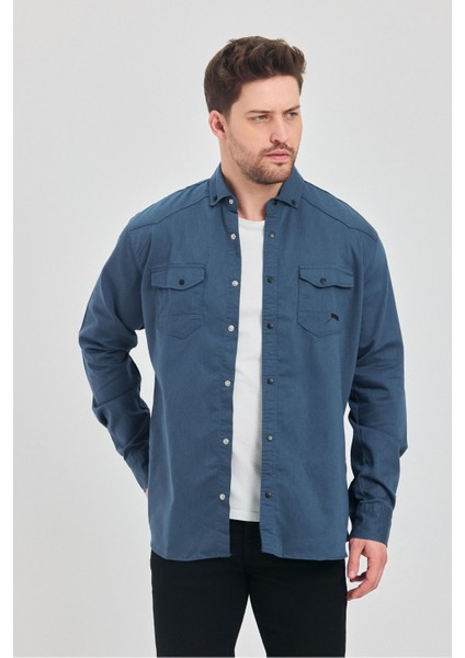 Slim Fit Çift Cepli Çıtçıtlı Dar Kalıp Pamuklu Kot Gömlek