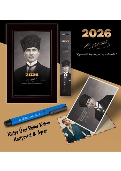 2026 Kalpaklı Atatürk Ajandası Ayraç Kartpostal Kalem - Mavi