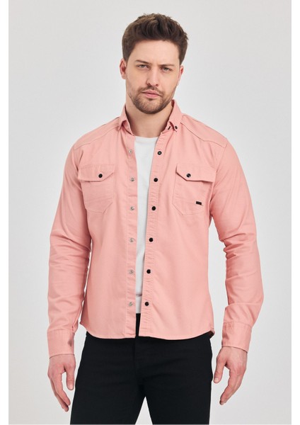 Slim Fit Çift Cepli Çıtçıtlı Dar Kalıp Pamuklu Kot Gömlek