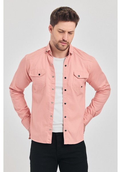 Slim Fit Çift Cepli Çıtçıtlı Dar Kalıp Pamuklu Kot Gömlek
