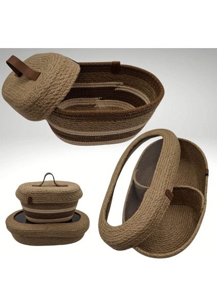 2'li Hasır Kapaklı Sepet, Oval Jüt Kapaklı Sepet, %100 Doğal Hasır Sepet, Çok Amaçlı Dekoratif Hasır