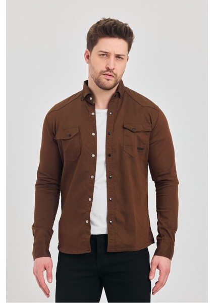 Slim Fit Çift Cepli Çıtçıtlı Dar Kalıp Pamuklu Kot Gömlek