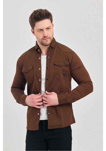 Slim Fit Çift Cepli Çıtçıtlı Dar Kalıp Pamuklu Kot Gömlek