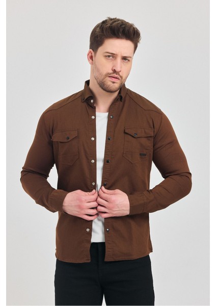 Slim Fit Çift Cepli Çıtçıtlı Dar Kalıp Pamuklu Kot Gömlek