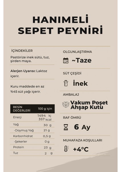 Hanımeli Tam Yağlı Sade Sepet Peyniri 250 gr