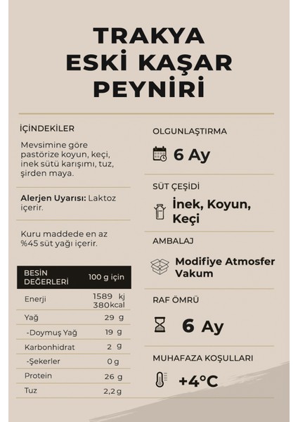 Keyif Serisi – Trakya Eski Kaşar Peyniri 200 gr – (Koyun Sütü Ağırlıklı)