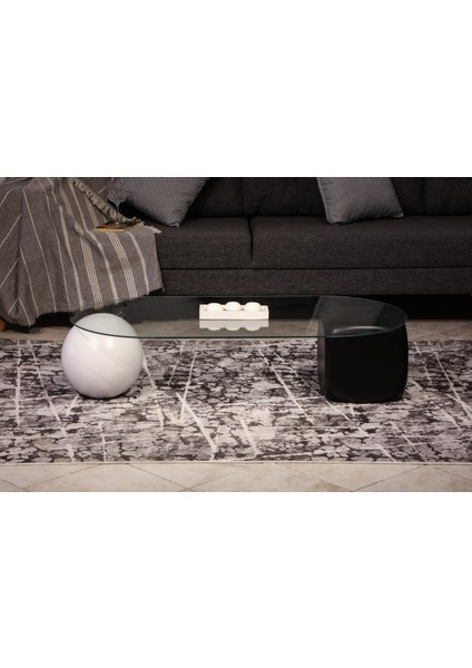 Modern Orta Sehpa & Top Sehpa Cam Sehpa & Küre Orta Sehpa - 1 Beyaz Top & 1 Siyah Zar - Oval - Şeffaf Cam modelleri