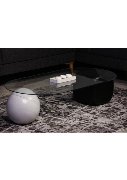 Modern Orta Sehpa & Top Sehpa Cam Sehpa & Küre Orta Sehpa - 1 Beyaz Top & 1 Siyah Zar - Oval - Şeffaf Cam fırsatları