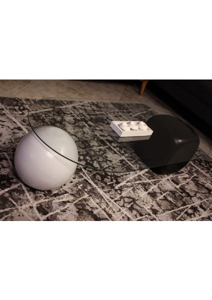 Modern Orta Sehpa & Top Sehpa Cam Sehpa & Küre Orta Sehpa - 1 Beyaz Top & 1 Siyah Zar - Oval - Şeffaf Cam indirimleri