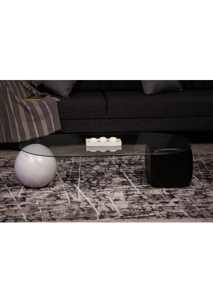 Modern Orta Sehpa & Top Sehpa Cam Sehpa & Küre Orta Sehpa - 1 Beyaz Top & 1 Siyah Zar - Oval - Şeffaf Cam