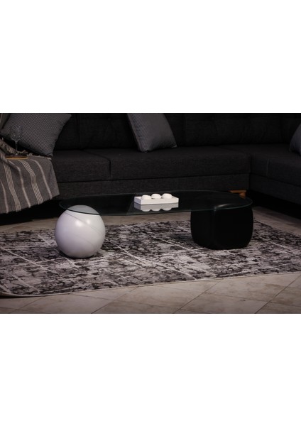 Modern Orta Sehpa & Top Sehpa Cam Sehpa & Küre Orta Sehpa - 1 Beyaz Top & 1 Siyah Zar - Oval - Şeffaf Cam