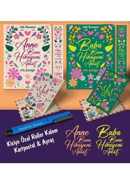 Kişiye Özel Anne ve Baba Bana Hikayeni Anlat Ayraç Kartpostal Kalem - Mavi