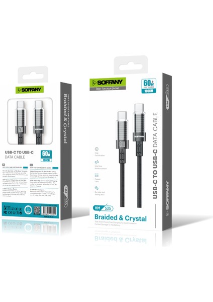 HM-535 Örgülü Hızlı Type-C To Type-C Şarj ve Data Kablosu, Estetik Tasarım, 60W 100CM, Andorid iPhone iPad Ipod Uyumlu, Siyah
