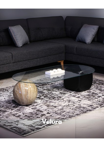 Modern Orta Sehpa & Top Sehpa Cam Sehpa & Küre Orta Sehpa - 1 Traverten Top & 1 Siyah Zar - Oval - Şeffaf Cam