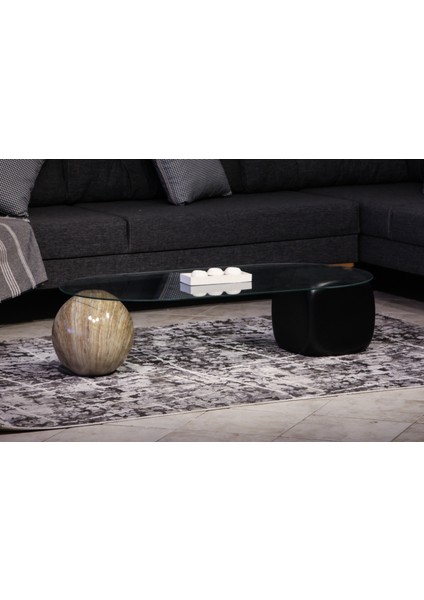 Modern Orta Sehpa & Top Sehpa Cam Sehpa & Küre Orta Sehpa - 1 Traverten Top & 1 Siyah Zar - Oval - Şeffaf Cam fiyatları