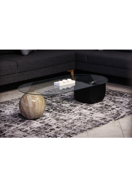 Modern Orta Sehpa & Top Sehpa Cam Sehpa & Küre Orta Sehpa - 1 Traverten Top & 1 Siyah Zar - Oval - Şeffaf Cam modelleri
