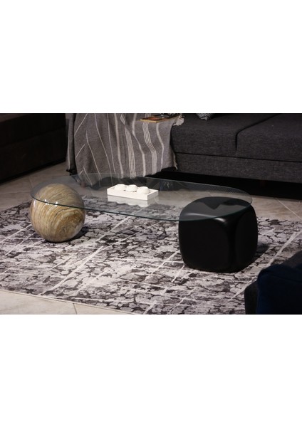 Modern Orta Sehpa & Top Sehpa Cam Sehpa & Küre Orta Sehpa - 1 Traverten Top & 1 Siyah Zar - Oval - Şeffaf Cam fırsatları