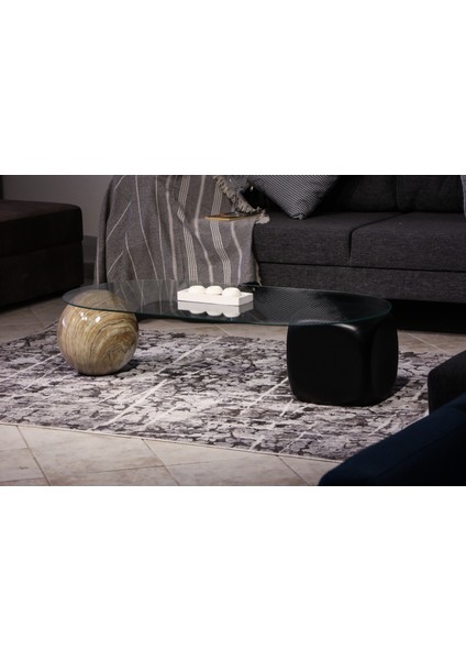 Modern Orta Sehpa & Top Sehpa Cam Sehpa & Küre Orta Sehpa - 1 Traverten Top & 1 Siyah Zar - Oval - Şeffaf Cam indirimleri