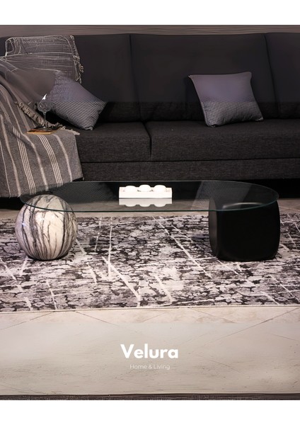 Modern Orta Sehpa & Top Sehpa Cam Sehpa & Küre Orta Sehpa - 1 Diana Top & 1 Siyah Zar - Oval - Şeffaf Cam