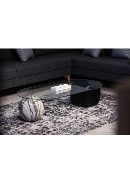 Modern Orta Sehpa & Top Sehpa Cam Sehpa & Küre Orta Sehpa - 1 Diana Top & 1 Siyah Zar - Oval - Şeffaf Cam modelleri