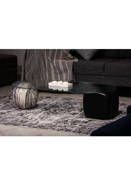 Modern Orta Sehpa & Top Sehpa Cam Sehpa & Küre Orta Sehpa - 1 Diana Top & 1 Siyah Zar - Oval - Şeffaf Cam fırsatları