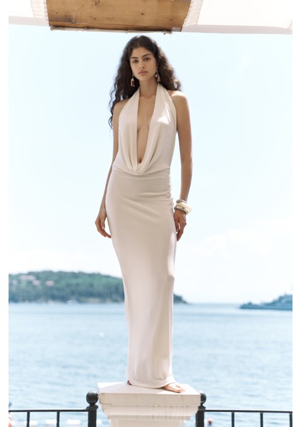 Fahmin Degaje Yaka Ekru Uzun Elbise