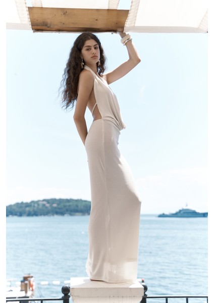 Fahmin Degaje Yaka Ekru Uzun Elbise fiyatları