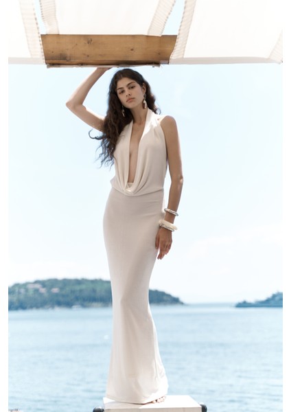 Fahmin Degaje Yaka Ekru Uzun Elbise modelleri