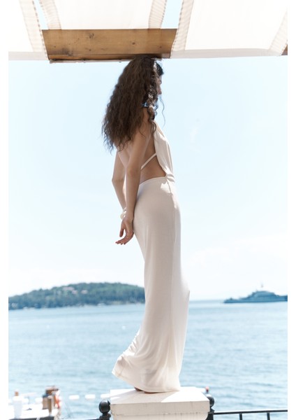 Fahmin Degaje Yaka Ekru Uzun Elbise indirimleri