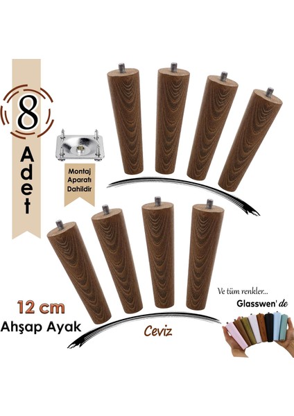 8 Adet Ahşap Ayak 12 cm Ceviz M8 Civatalı Bağlantı Aparatlı Dolap Mobilya Koltuk Kanepe Destek Ayağı Ayakları