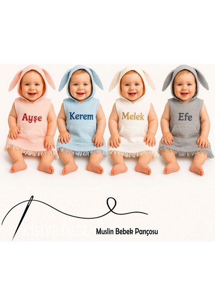 Kişiye Özel Isim Nakışlı Tavşan Kapüşonlu Müslin Çocuk Pançosu – Yazı & Monogram Tasarım modelleri